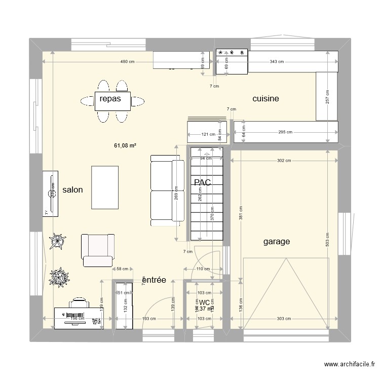 Plan maison Type 100. Plan de 2 pièces et 62 m2
