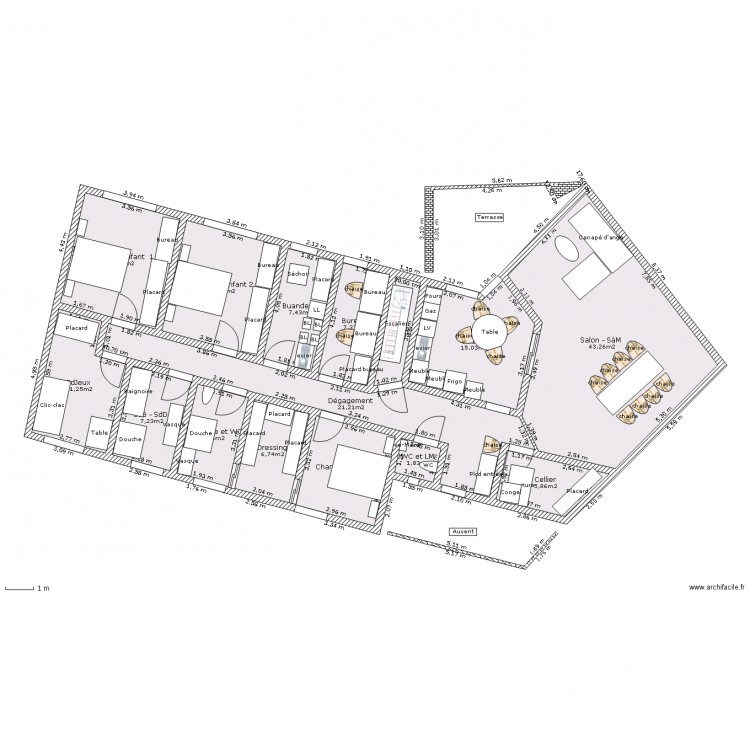 Plain-pied sur s-s - 3 ch., SdJ, buanderie, bureau, cellier 176 m2. Plan de 0 pièce et 0 m2