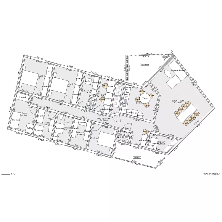 Plain-pied sur s-s - 3 ch., SdJ, buanderie, bureau, cellier 176 m2. Plan de 