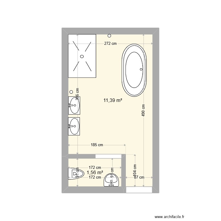 sdb Sudre. Plan de 2 pièces et 13 m2