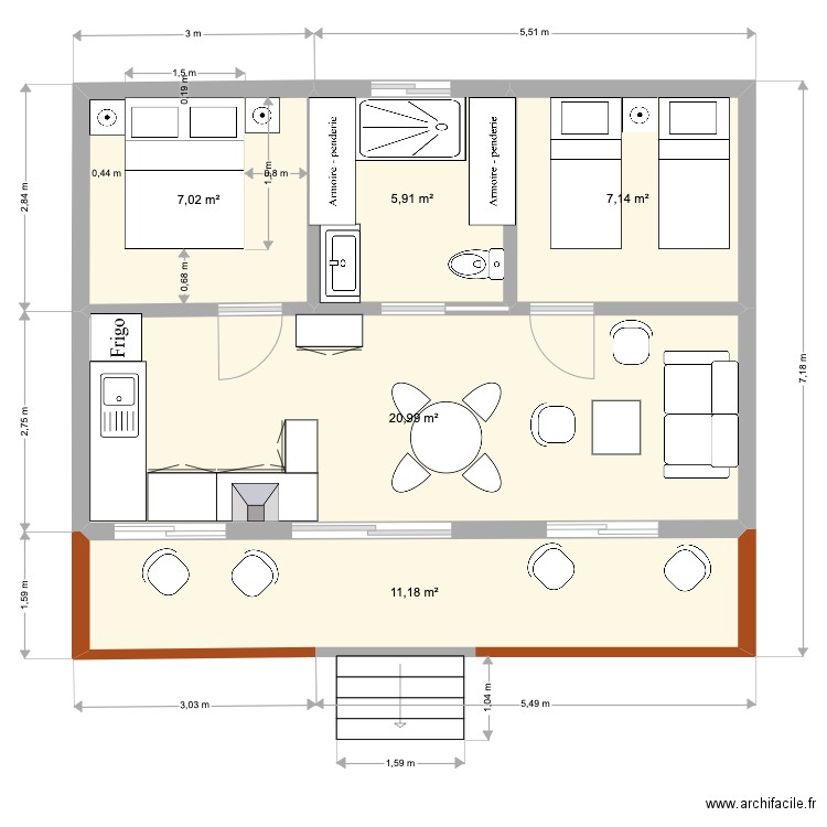 Paz Mini 2hab. Plan de 5 pièces et 52 m2