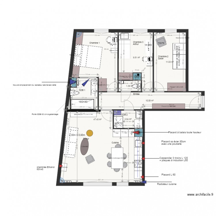 Plan projet 2 aménagement appartement. Plan de 0 pièce et 0 m2