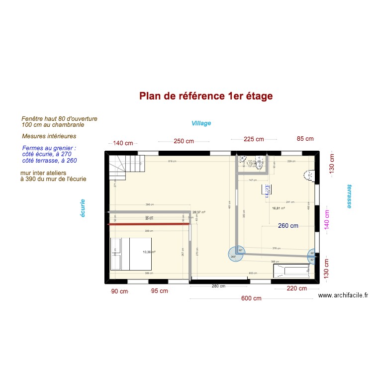 couloir haut. Plan de 5 pièces et 59 m2