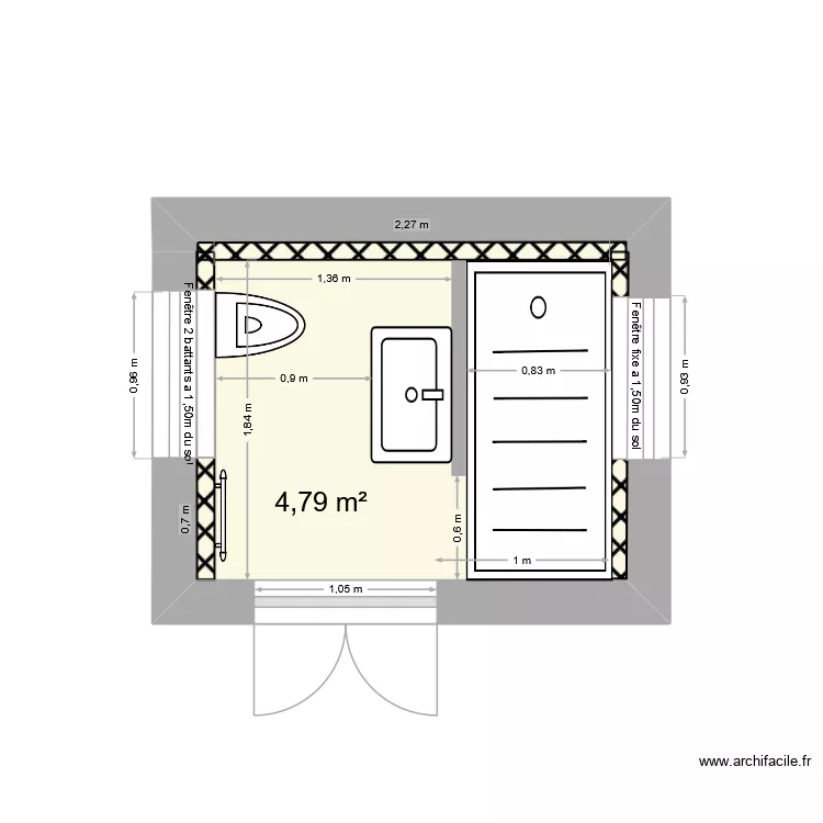 Salle de douche etage 2. Plan de 1  et 5 m²