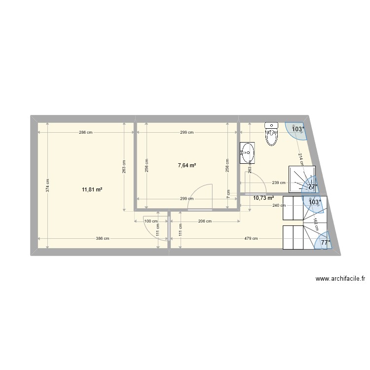 Comble VILLERVILLE. Plan de 3 pièces et 30 m2