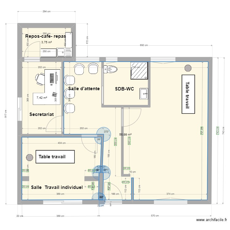 Plan cabinet P2. Plan de 3 pièces et 68 m2