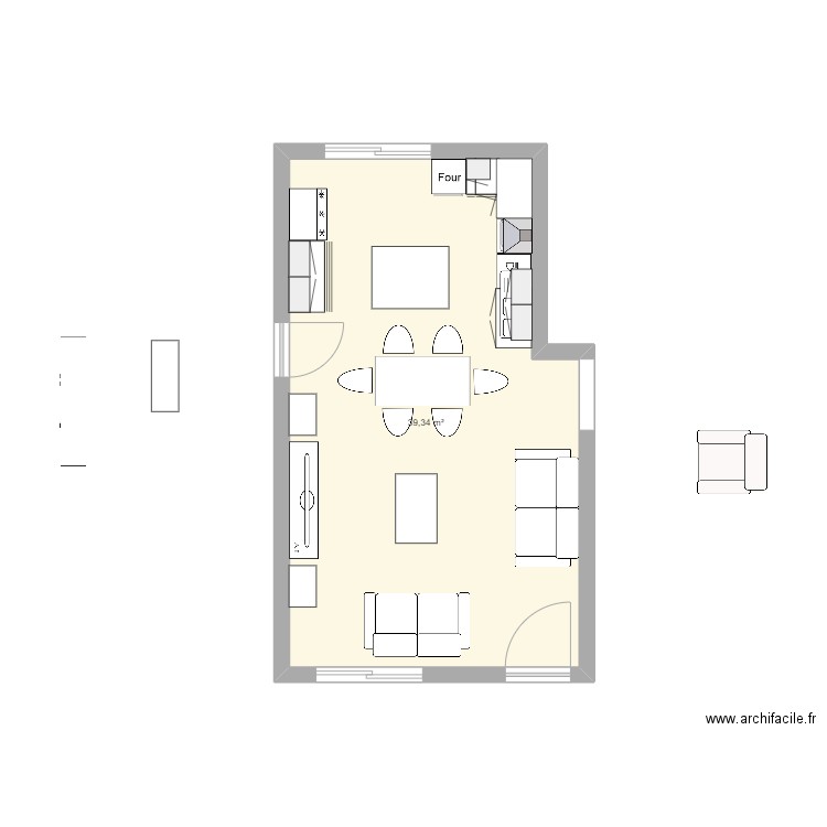 Piece de vie. Plan de 1 pièce et 39 m2