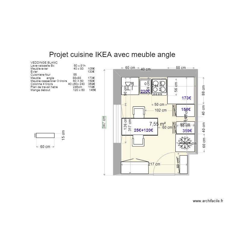 PROJET CUISINE STUDIO IKEA avec meuble angle. Plan de 1 pièce et 8 m2