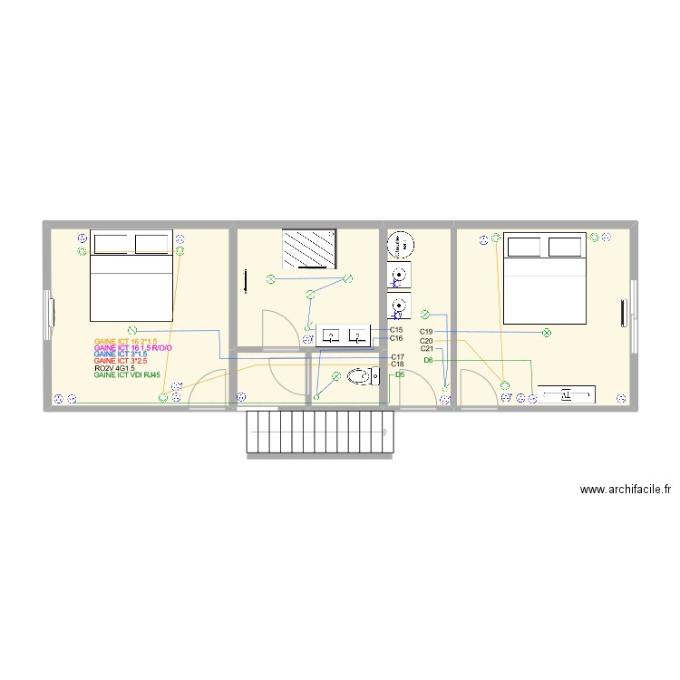 RdC_Chambres_ECL. Plan de 6 pièces et 46 m2