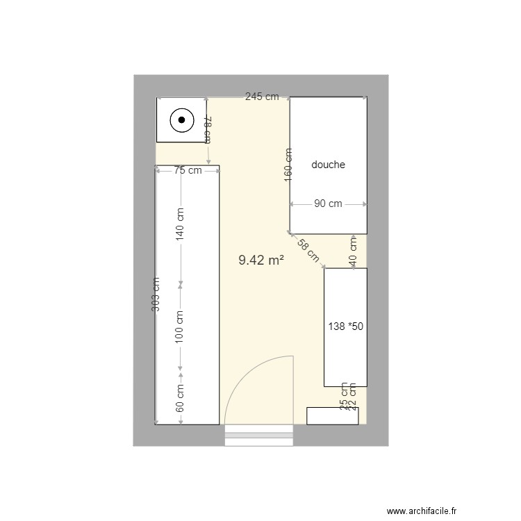 plan SDB douche 160 par 90 cm prof  75 cm. Plan de 0 pièce et 0 m2