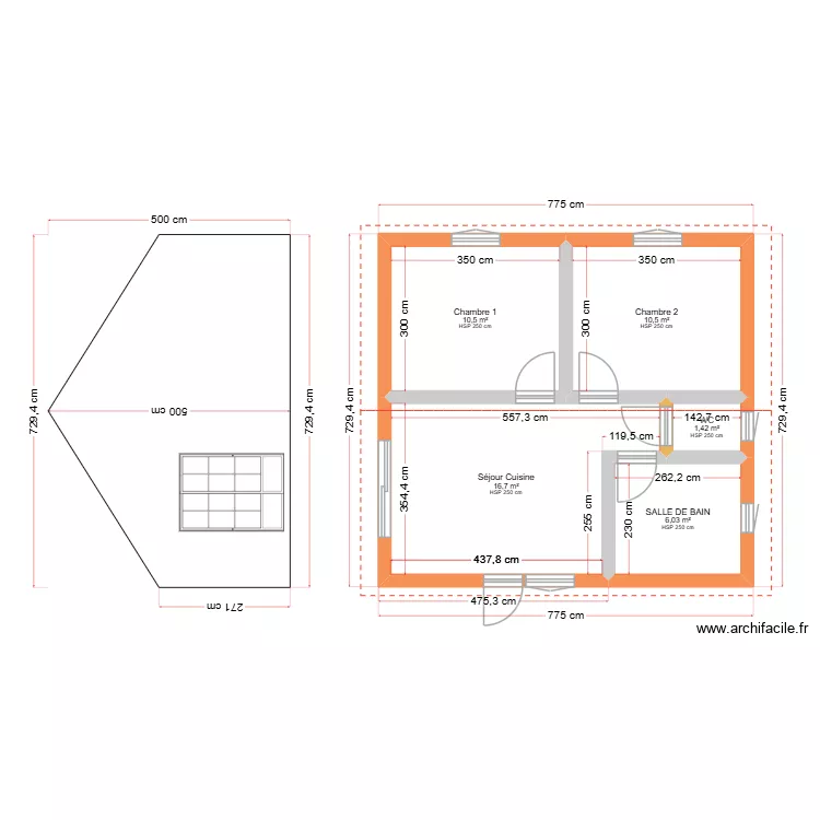 port land. Plan de 5  et 45 m²