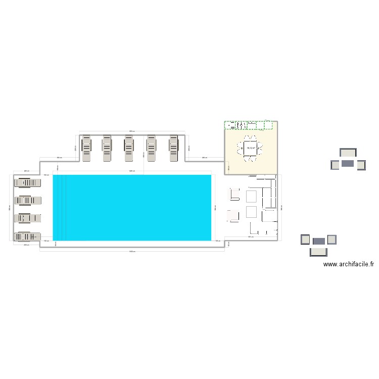 terrasse piscine avec cuisine. Plan de 1 pièce et 16 m2