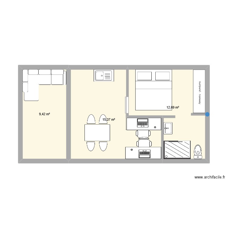 Tiny. Plan de 3 pièces et 37 m2