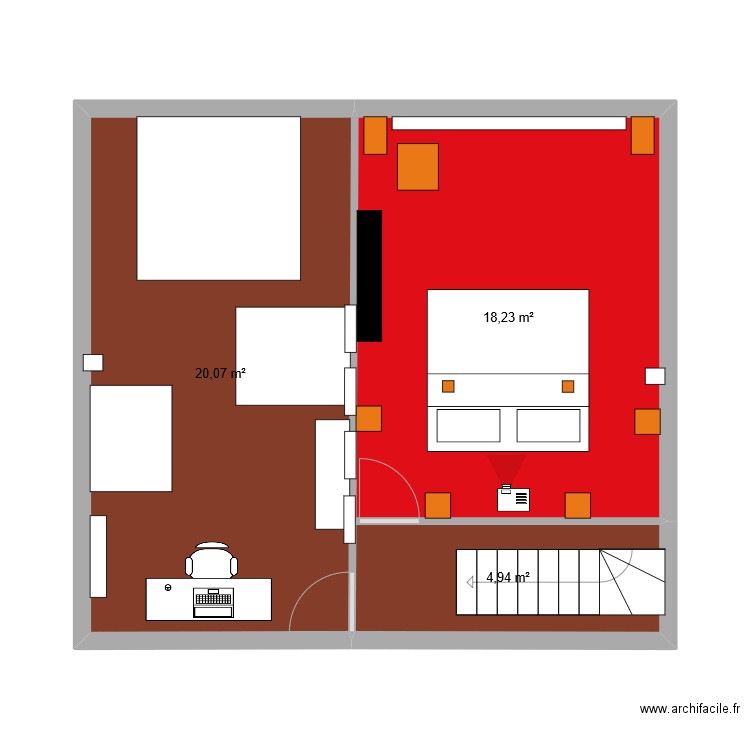 extension étage. Plan de 3 pièces et 43 m2