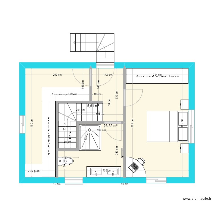 Chambre sup garange. Plan de 2 pièces et 34 m2