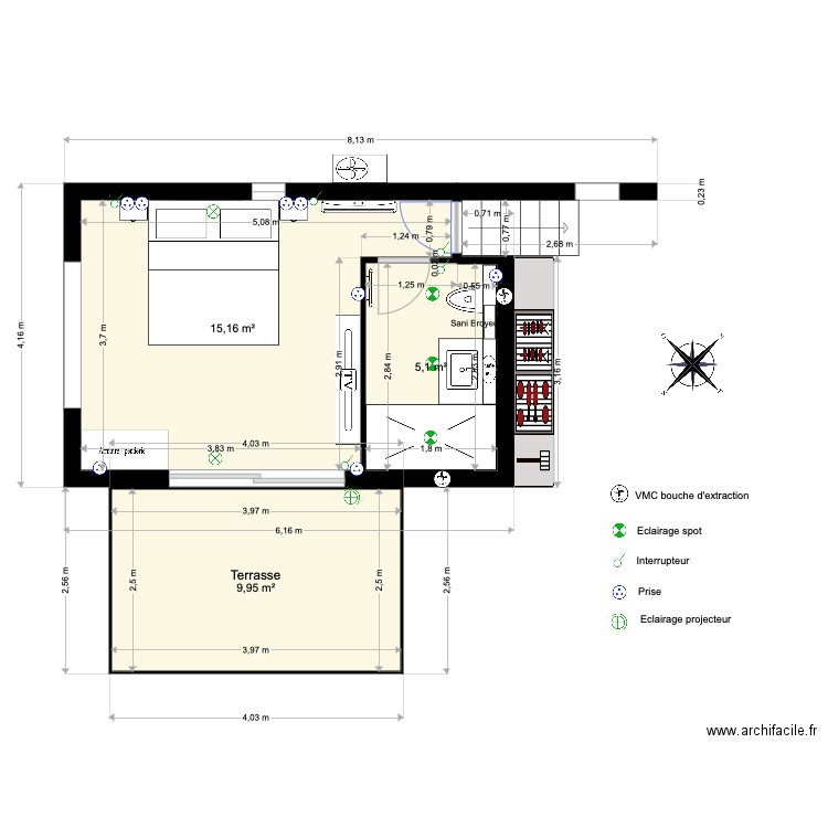 Extension Garage Cavalaire V5. Plan de 3 pièces et 30 m2