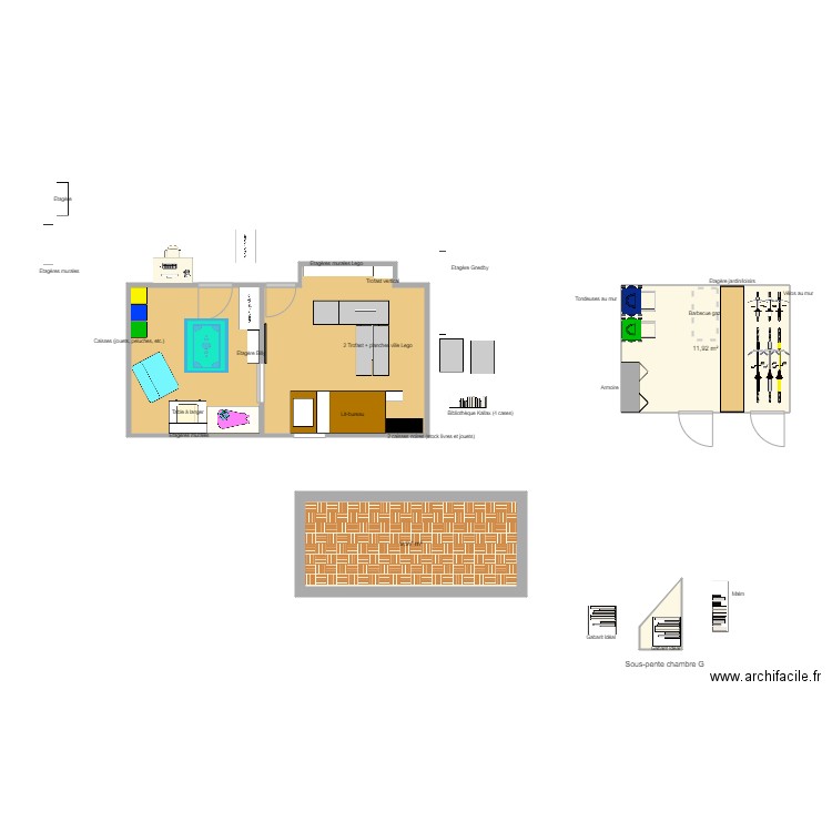 Chambre G & X v2. Plan de 5 pièces et 48 m2