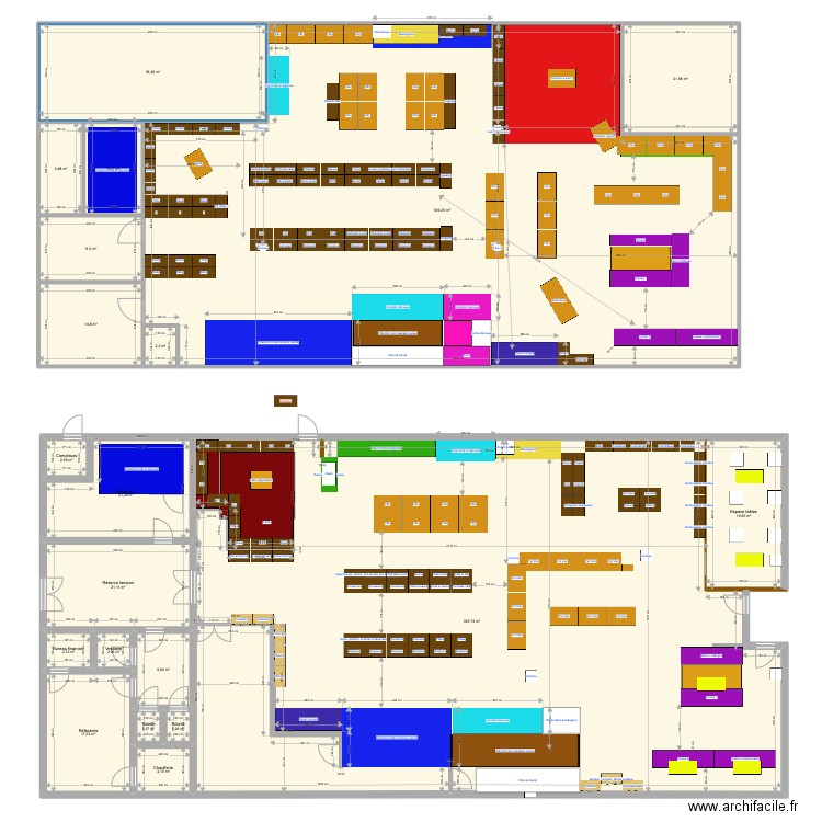 Plan avec chambre froide placée et comptoir supplémentaire. Plan de 20 pièces et 850 m2