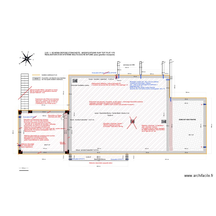 2.03.1 -SCHEMA DEPOSE  ET MODIFICATIONS  SUR TOIT PLAT 1/75. Plan de 4 pièces et 125 m2