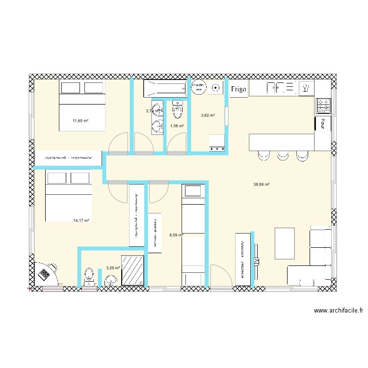 plan grand appart  Paul et Cécile. Plan de 8 pièces et 86 m2