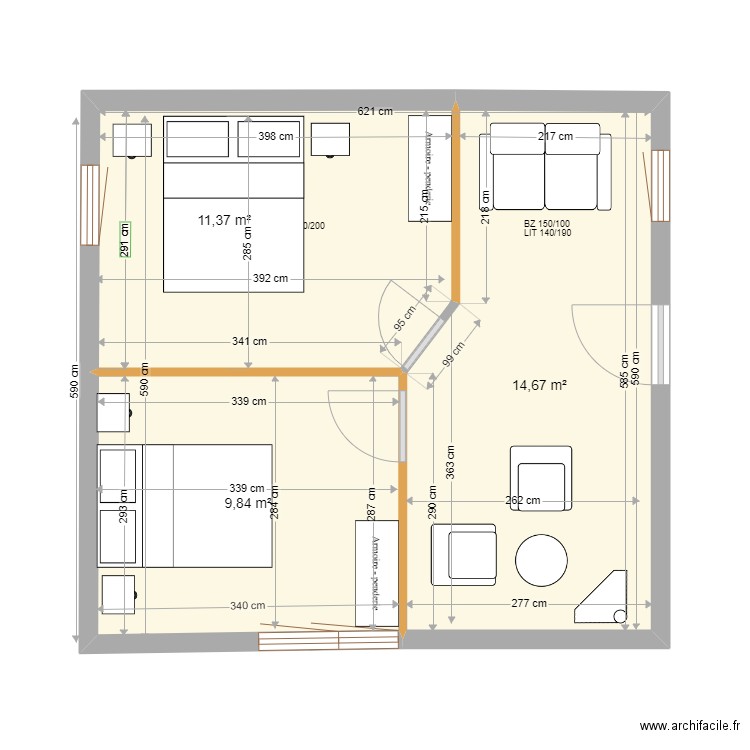 petite maison P-7. Plan de 3 pièces et 36 m2