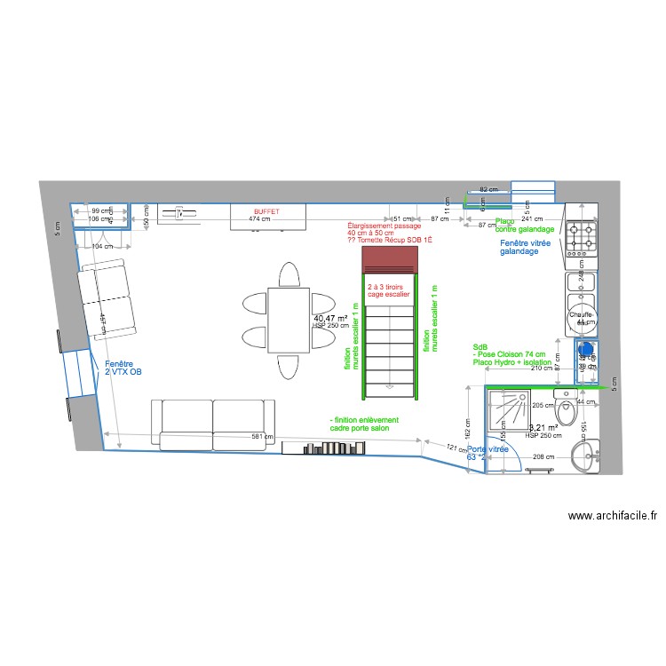 2ÉTAGE  MAÇONNERIE. Plan de 2 pièces et 44 m2