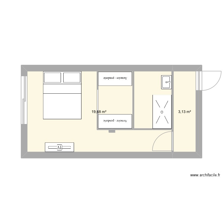 Chambre1. Plan de 2 pièces et 23 m2