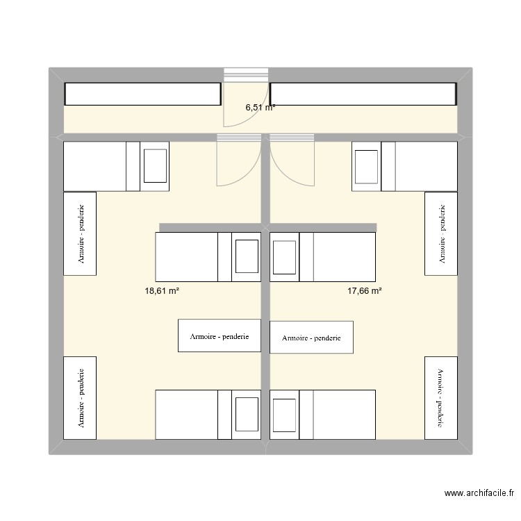 Chambre P002 3par chambres. Plan de 3 pièces et 43 m2