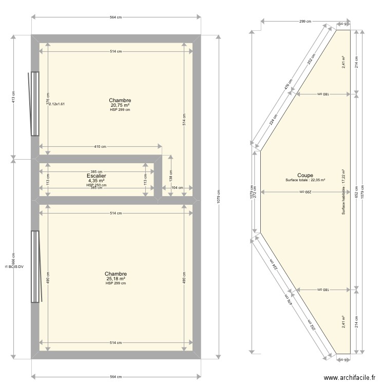 Sarron. Plan de 3 pièces et 50 m2