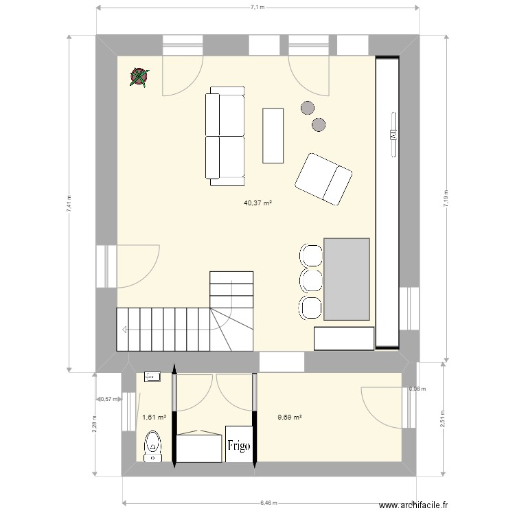 RDC (sans meuble cuisine). Plan de 3 pièces et 52 m2