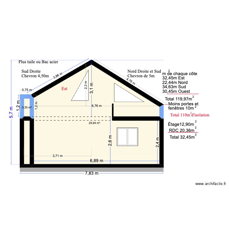 Plan ce coupe Est. Plan de 3 pièces et 31 m2