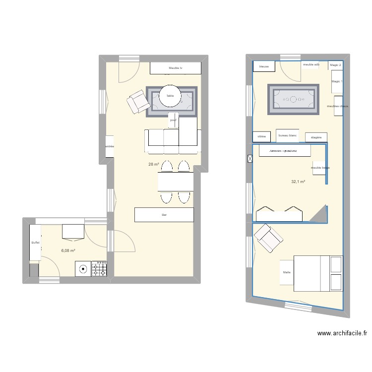 maison RDC . Plan de 3 pièces et 66 m2