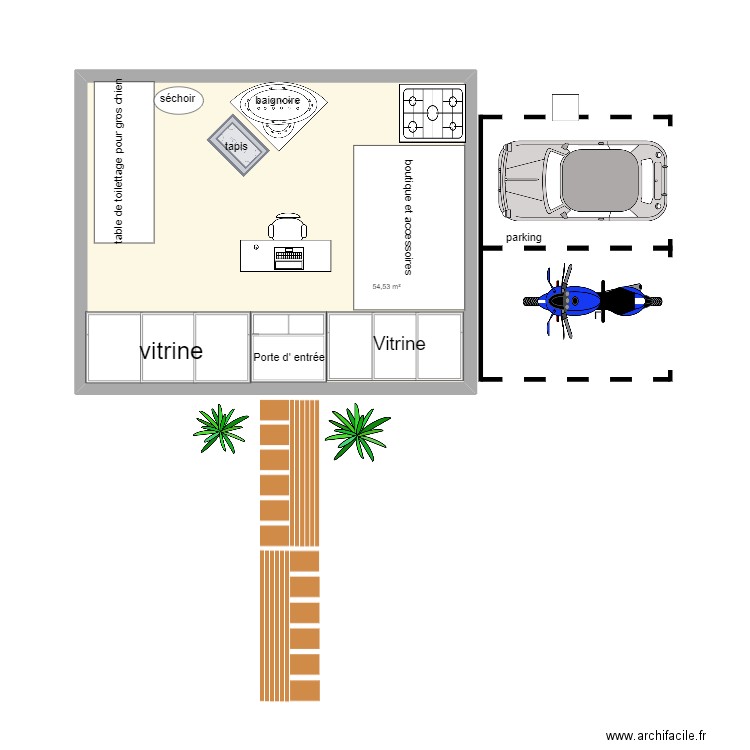 facade. Plan de 1 pièce et 55 m2