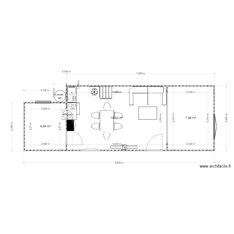 plan chalet 30 m². Plan de 3 pièces et 29 m2