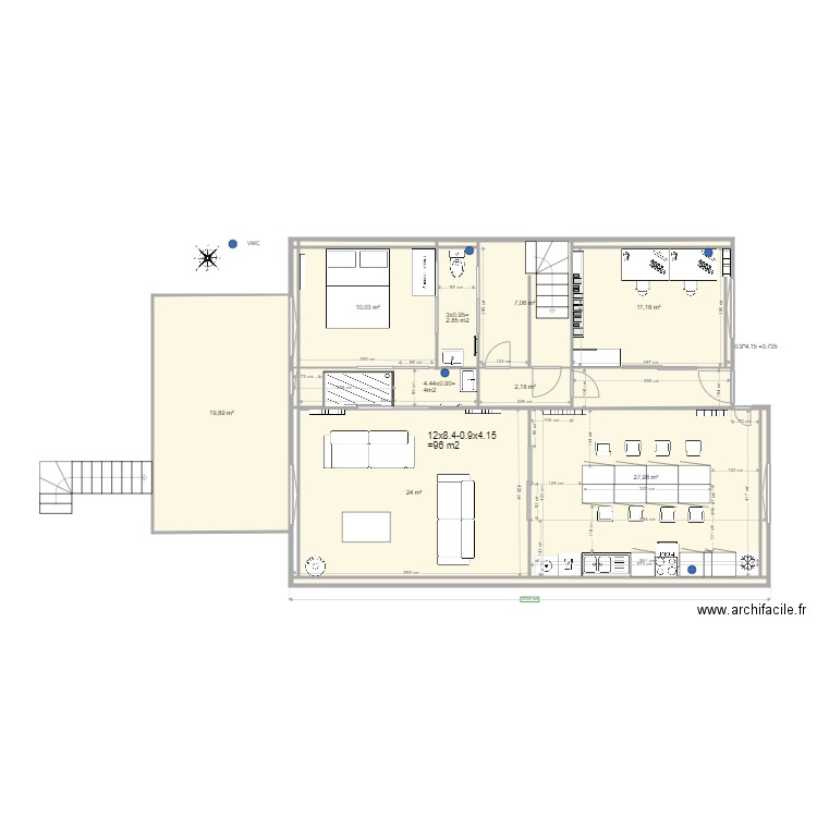 APRES rdc maison Thomery mur porteur et mur chbre intacts v1. Plan de 15 pièces et 107 m2