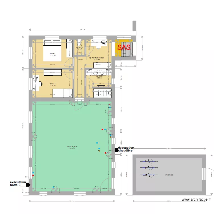 SAS annexe salle de jeux remise 138m2. Plan de 