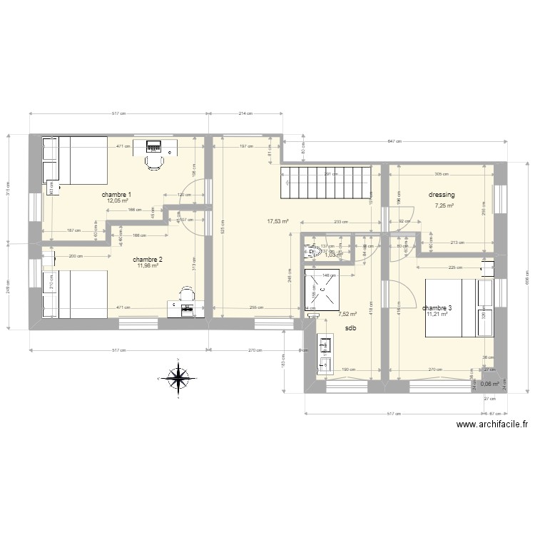 plan étage. Plan de 8 pièces et 69 m2