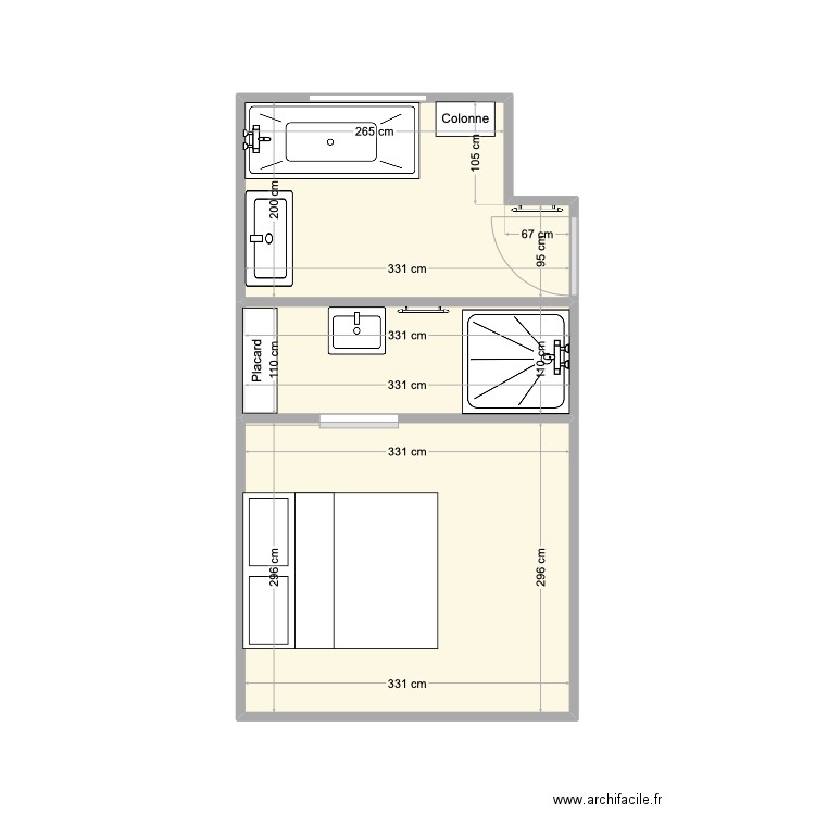 SDB existant - plan A. Plan de 3 pièces et 19 m2