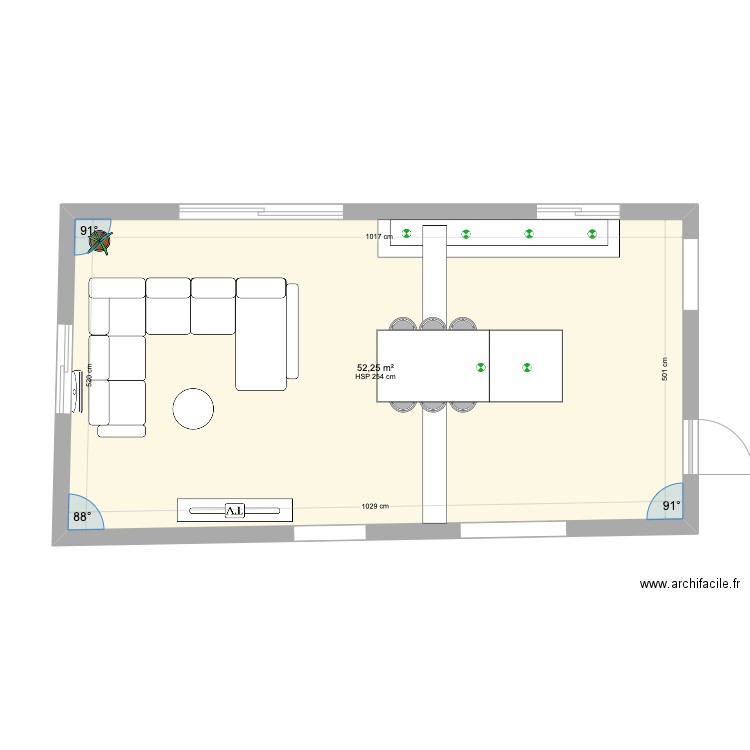 chassis plafond cuisine. Plan de 1 pièce et 52 m2