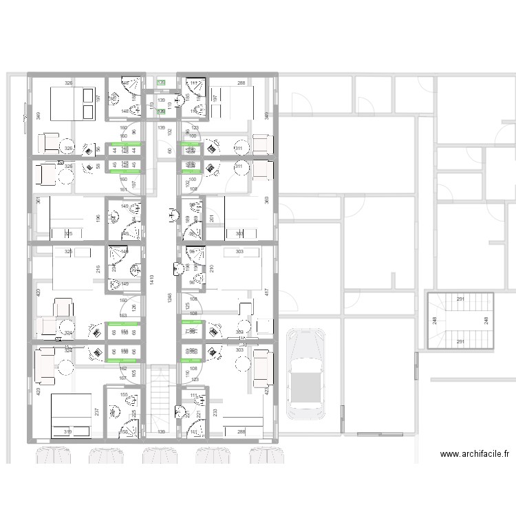 Plan Nouveau Bouaké avec R+1 V2. Plan de 73 pièces et 714 m2