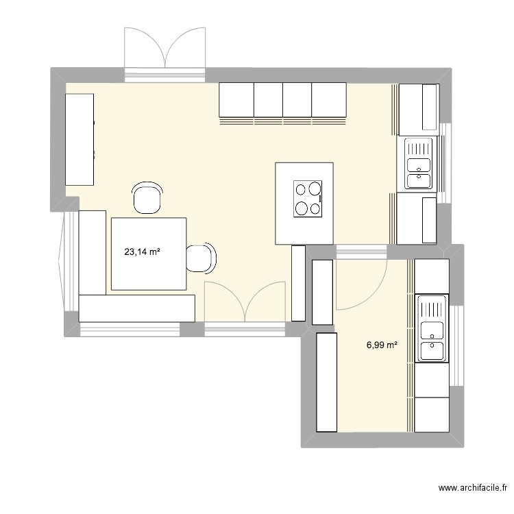 Cuisine Falize base. Plan de 2 pièces et 30 m2