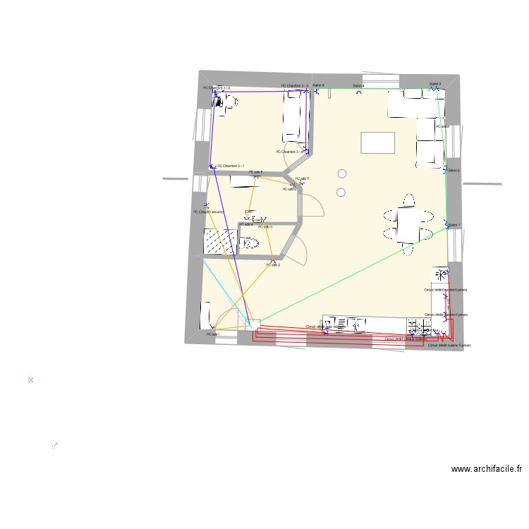 PLAN RDC 3eme VOLET alternatif 4 ELEC PRISES. Plan de 8 pièces et 148 m2