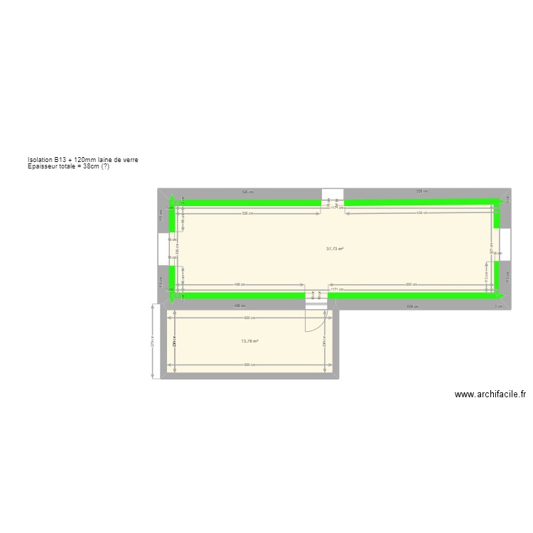 Plan étage avec isolation. Plan de 2 pièces et 52 m2