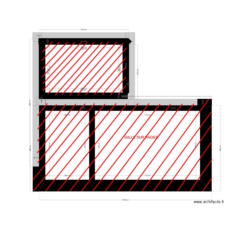 DALLE SUR RADIER . Plan de 3 pièces et 65 m2