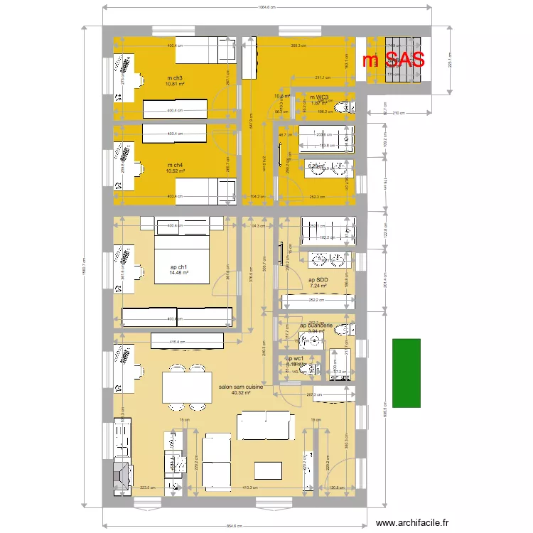 appart 1 ch d&eacute;cal&eacute;. Plan de 
