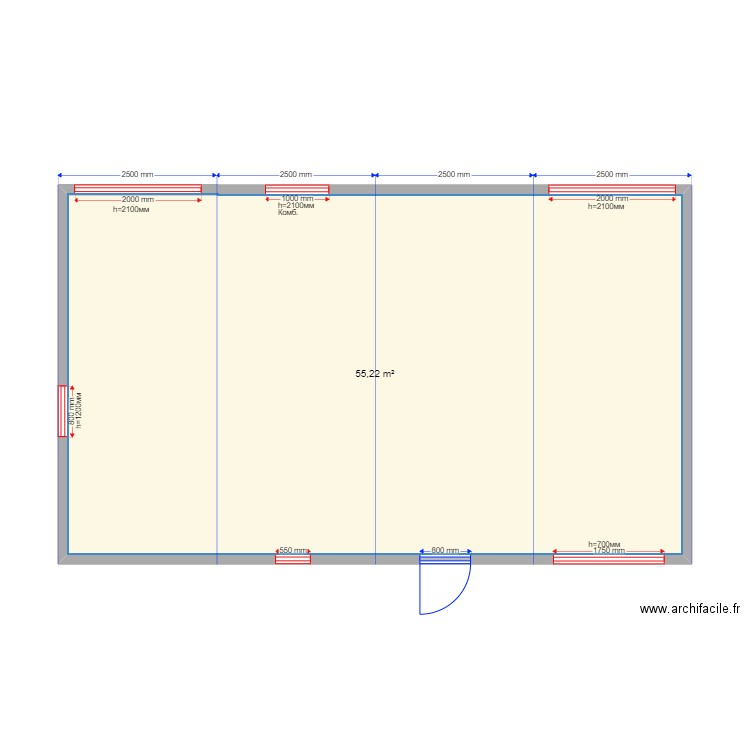 60 4 sv. Plan de 1 pièce et 55 m2