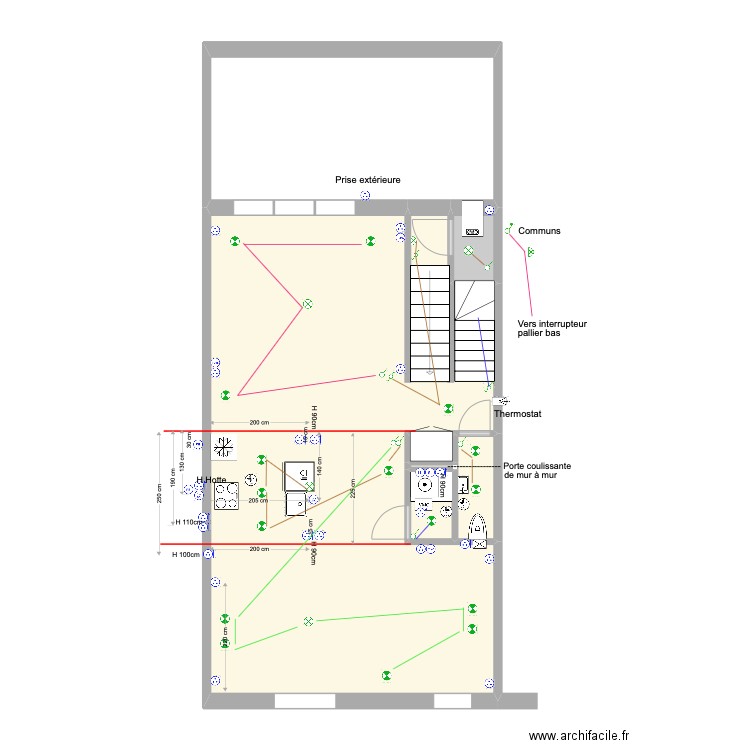 Banning 21 Rez 2 Electricité détails cuisine. Plan de 7 pièces et 71 m2