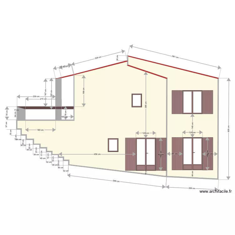 DP4 Fa&ccedil;ade sud est avec porte fen&ecirc;tre . Plan de 