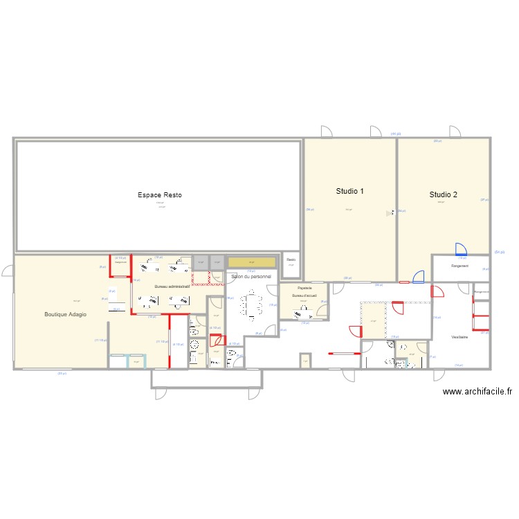 EDNL rez de chaussé Plan A. Plan de 33 pièces et 1242 m2