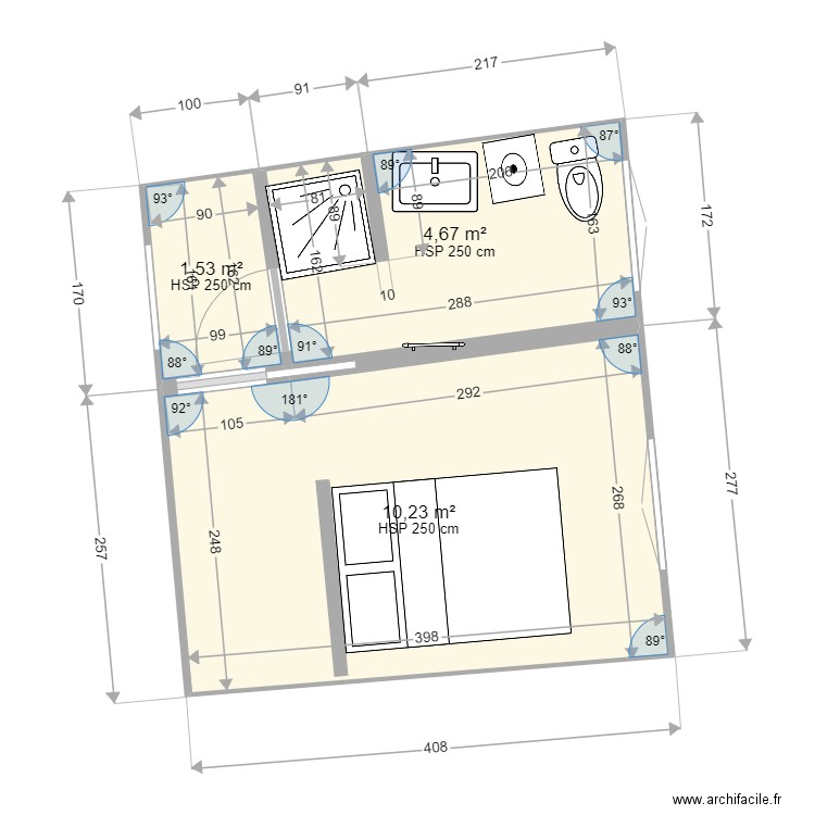 SDB Arles AVEC porte chambre. Plan de 3 pièces et 16 m2